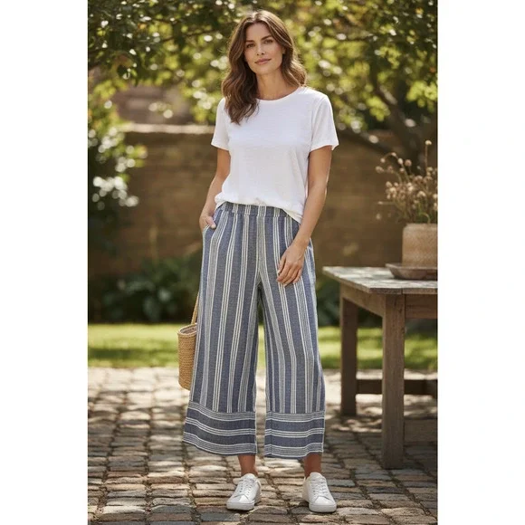 NWT Pink Rose Linen Cotton Wide Leg Pants Blue Striped Beachy Lagonlook Large - Picture 1 of 10